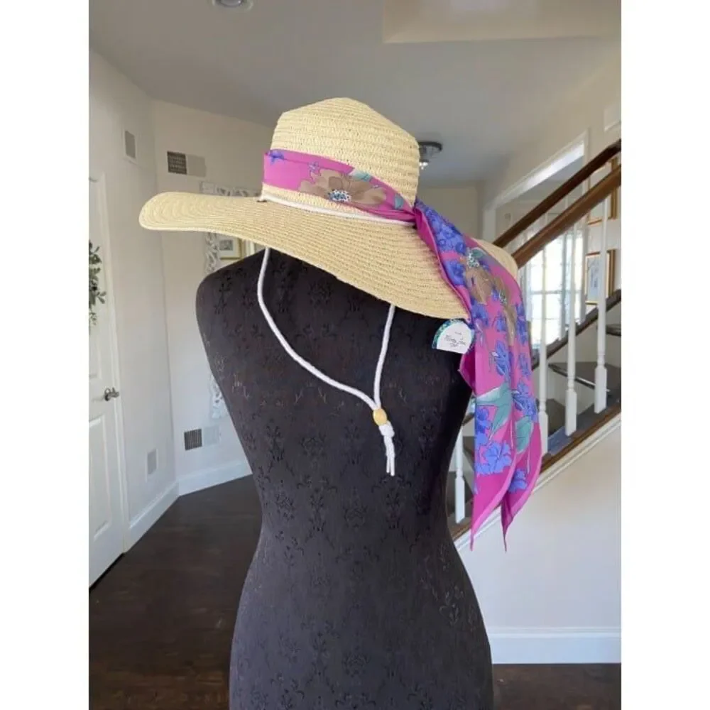 NWT Straw Hat with Purple Scarf and tie